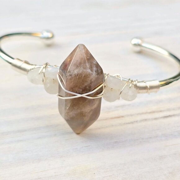 Sunstone & Moonstone Wire Wrap Cuff – 925 Over Copper – Joy & Intuition Talisman - Picture 11 of 12